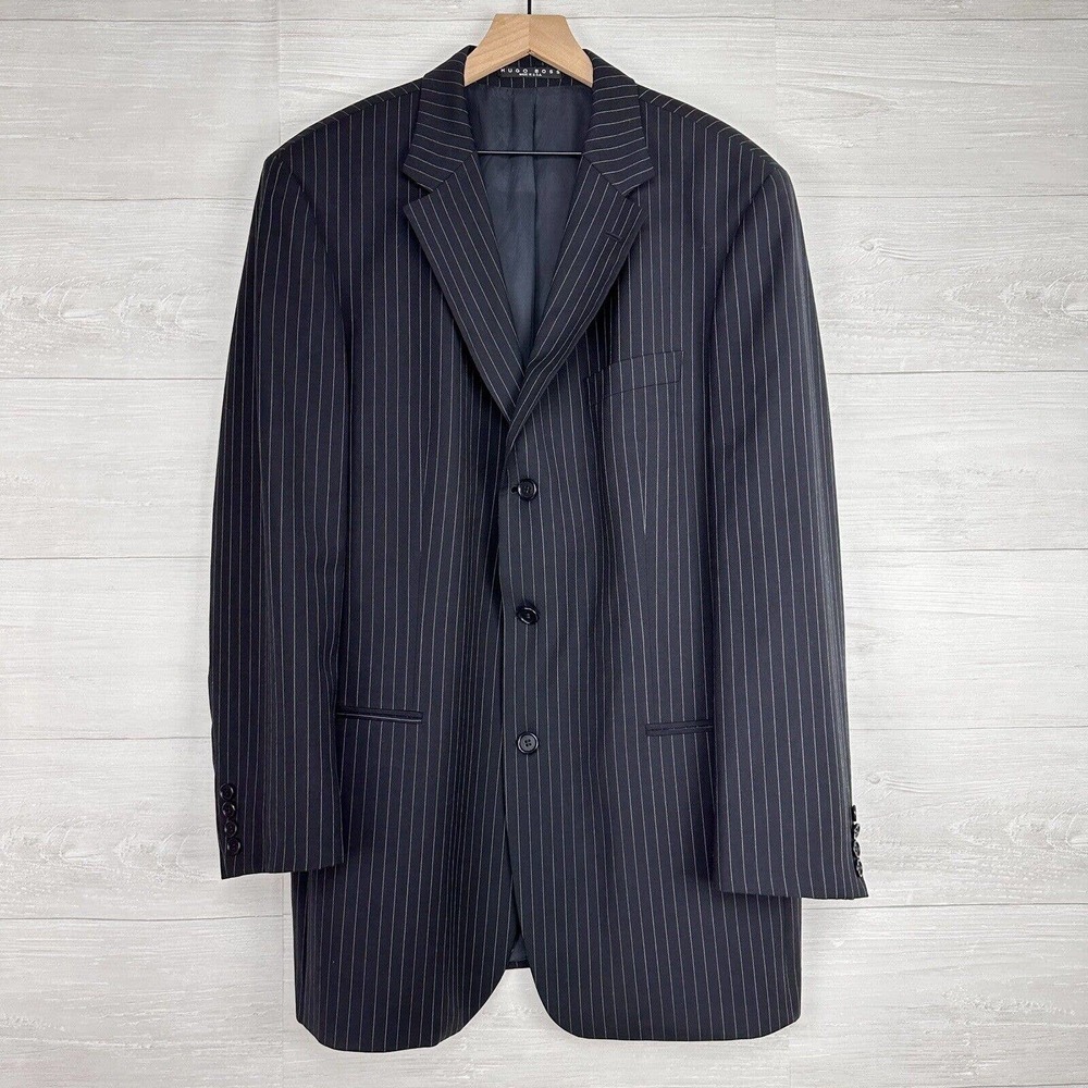 Hugo Boss Wool Blazer Mens 44L Black Striped Sport Coat 3‎ Button Suit Jacket